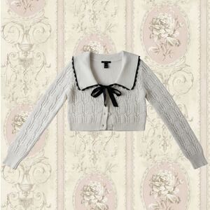 Forever 21 Cream Cropped Cardigan with Black Bow